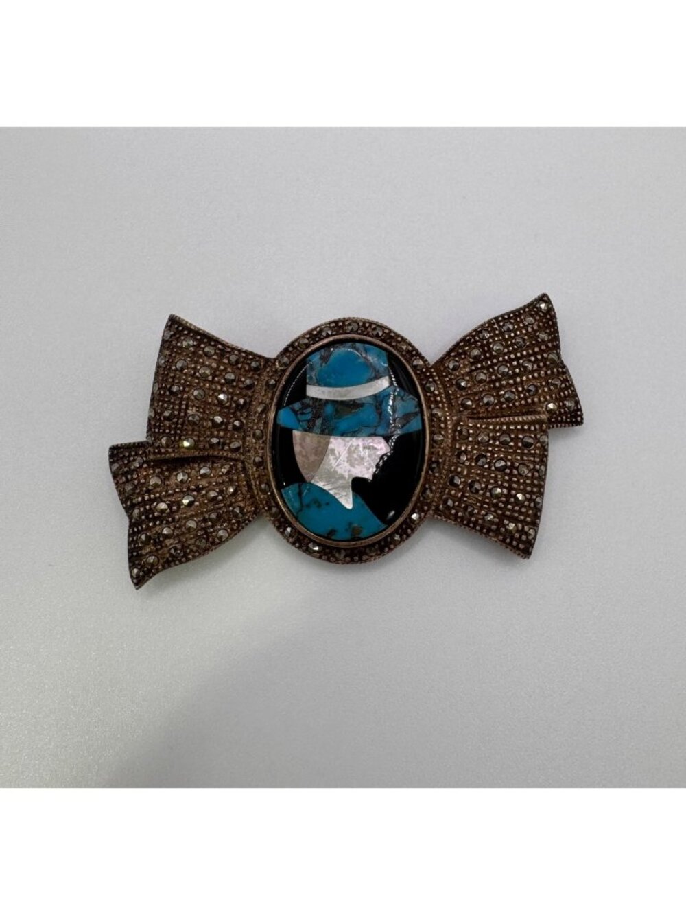 925 TH Sterling Silver Turquoise Abalone MOP Onyx Inlay Marcasite Bow Brooch